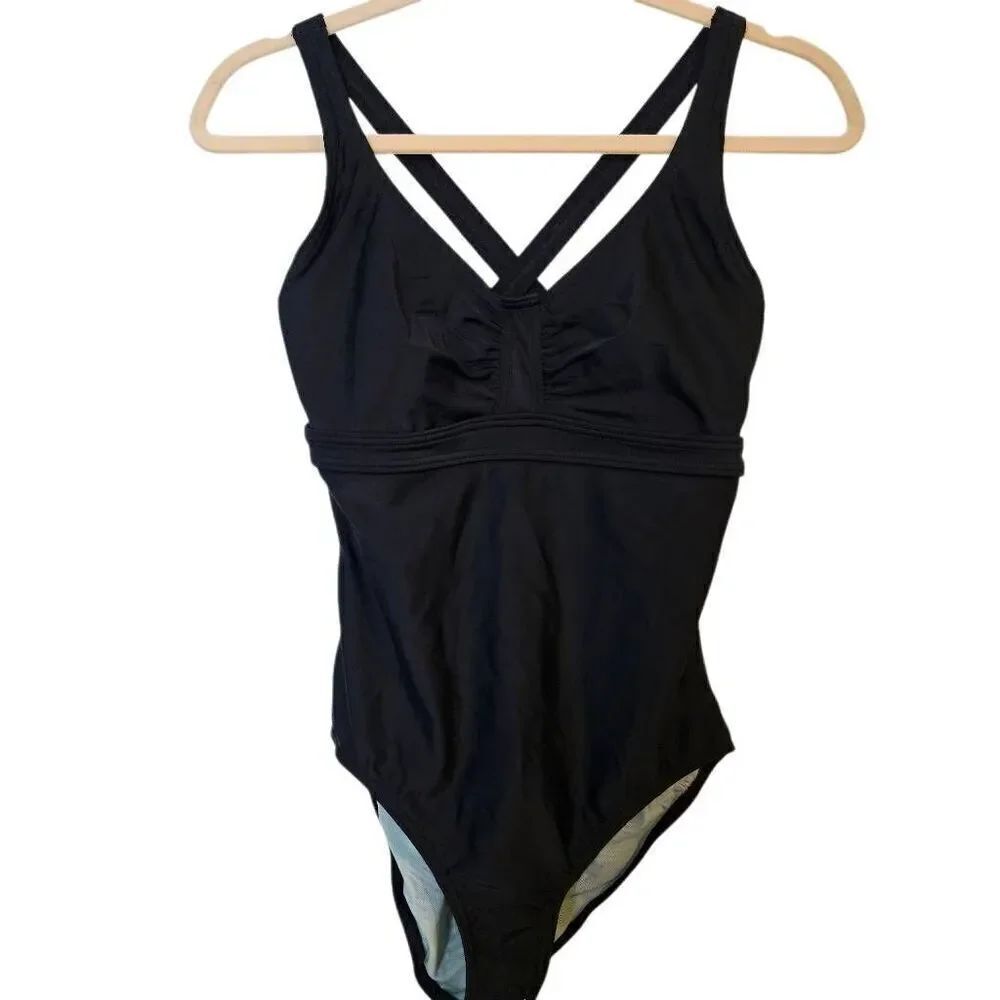Prana womens one piece swimsuit, black with mint lining. 34D Small. # 819.